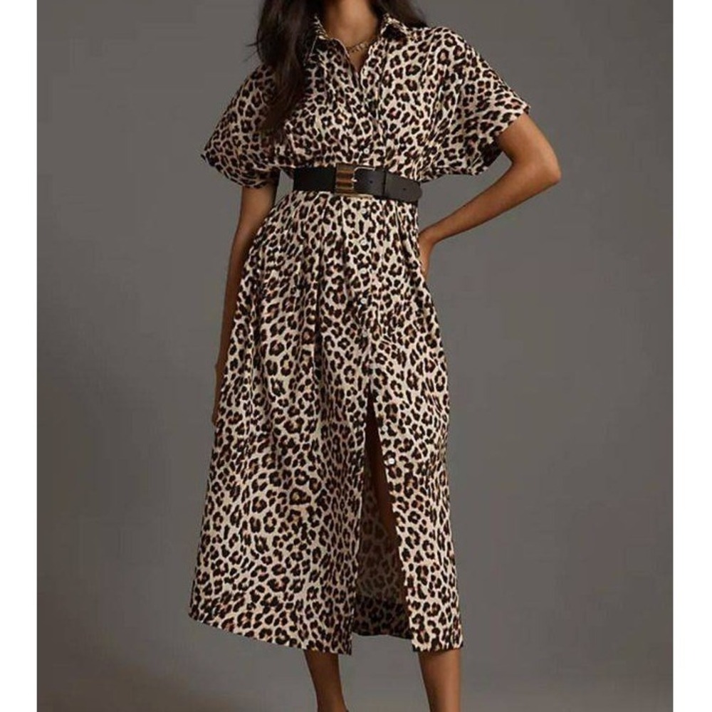 EXQUISE Anthropologie The Tobie Leopard Print Shirt Midi Dress Size Medium